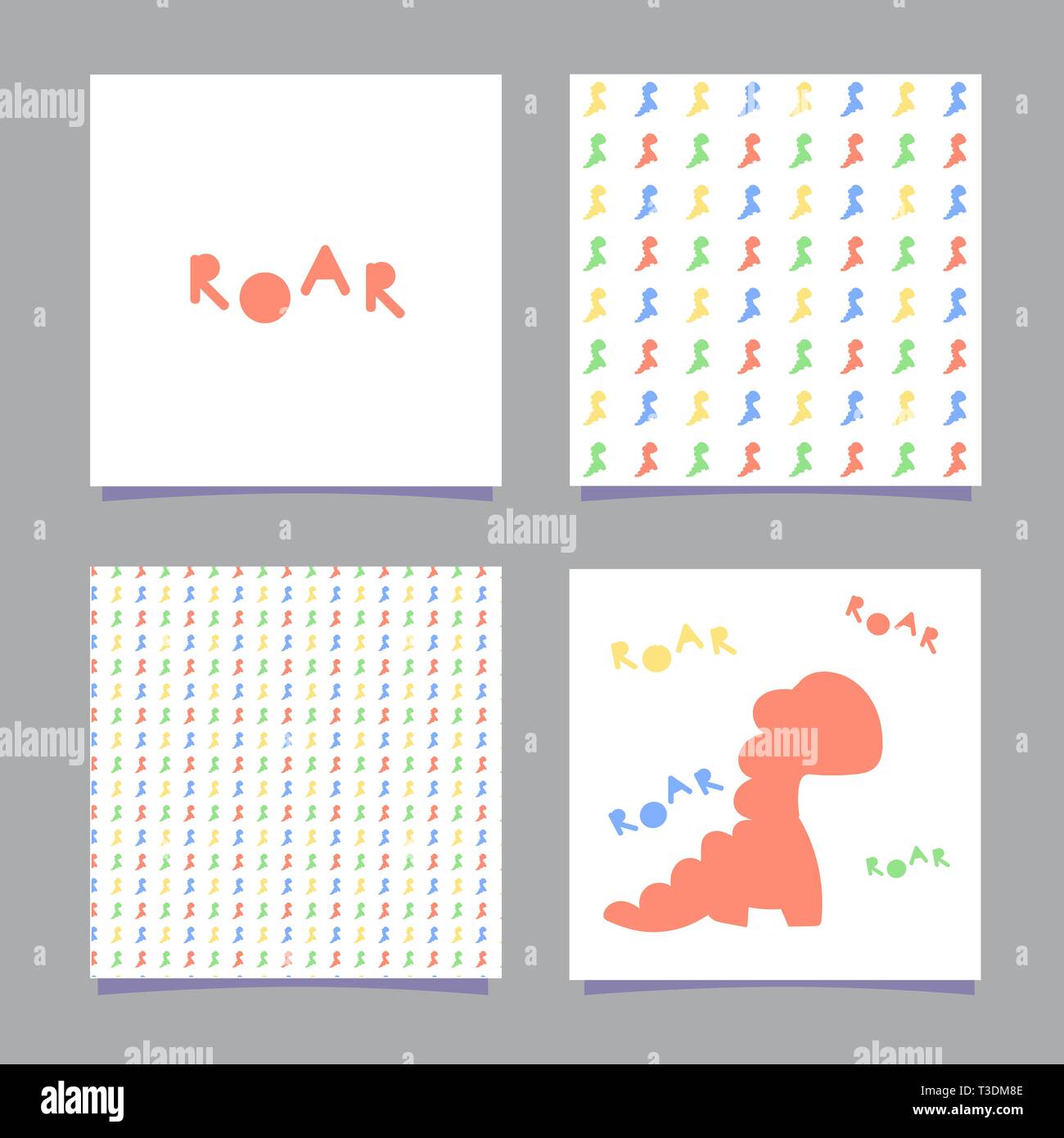 Cards with dinosaur and the word roar in the Scandinavian style. Isolated on white background. One seamless pattern with color dinosaurs. Vector Stock Vector
