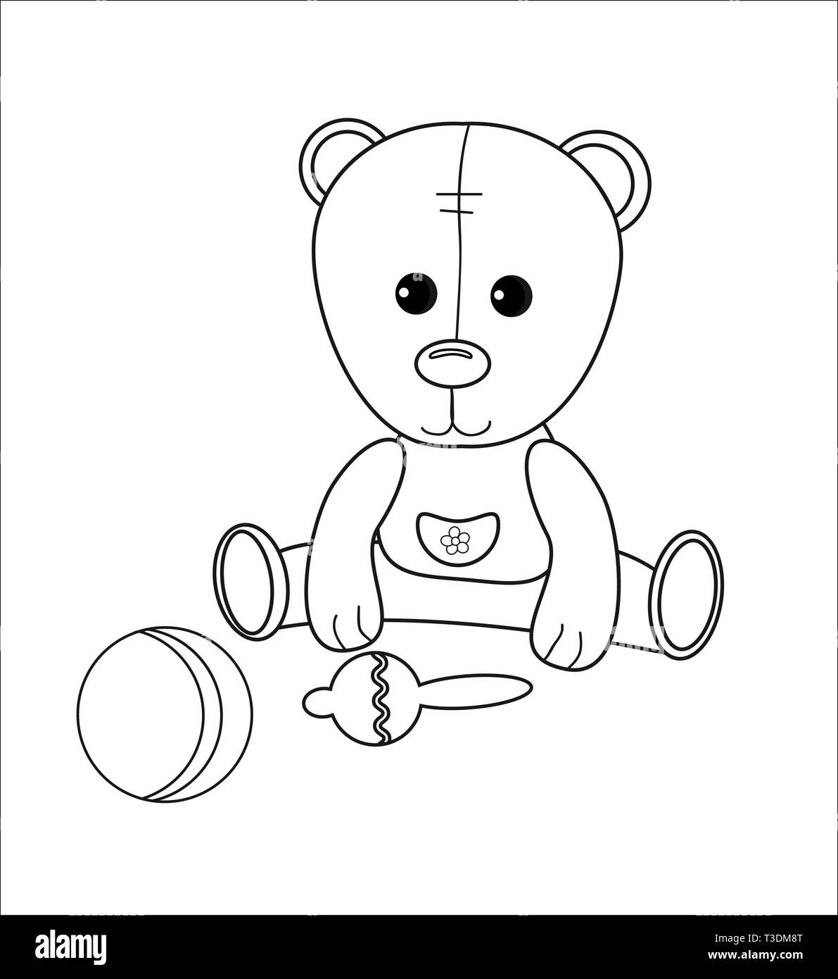 Cute little bear character with rattle, ball. Coloring page with toys. Vector simple game for kids. Linear illustration for preschool pastime. Stock Vector