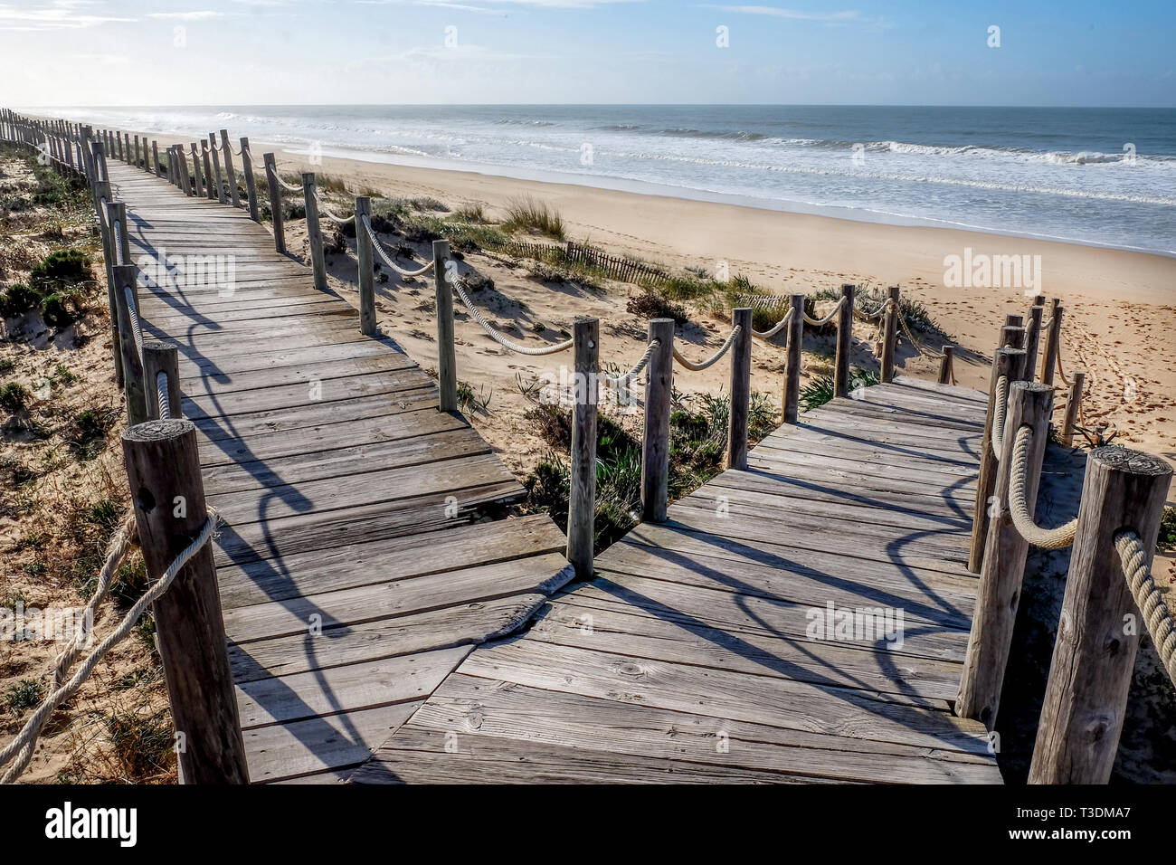 Looking down two wooden decking pathways forming a fork in the road, both heading down to a sweeping sandy beach with the blue sea and blue sky in fro Stock Photo