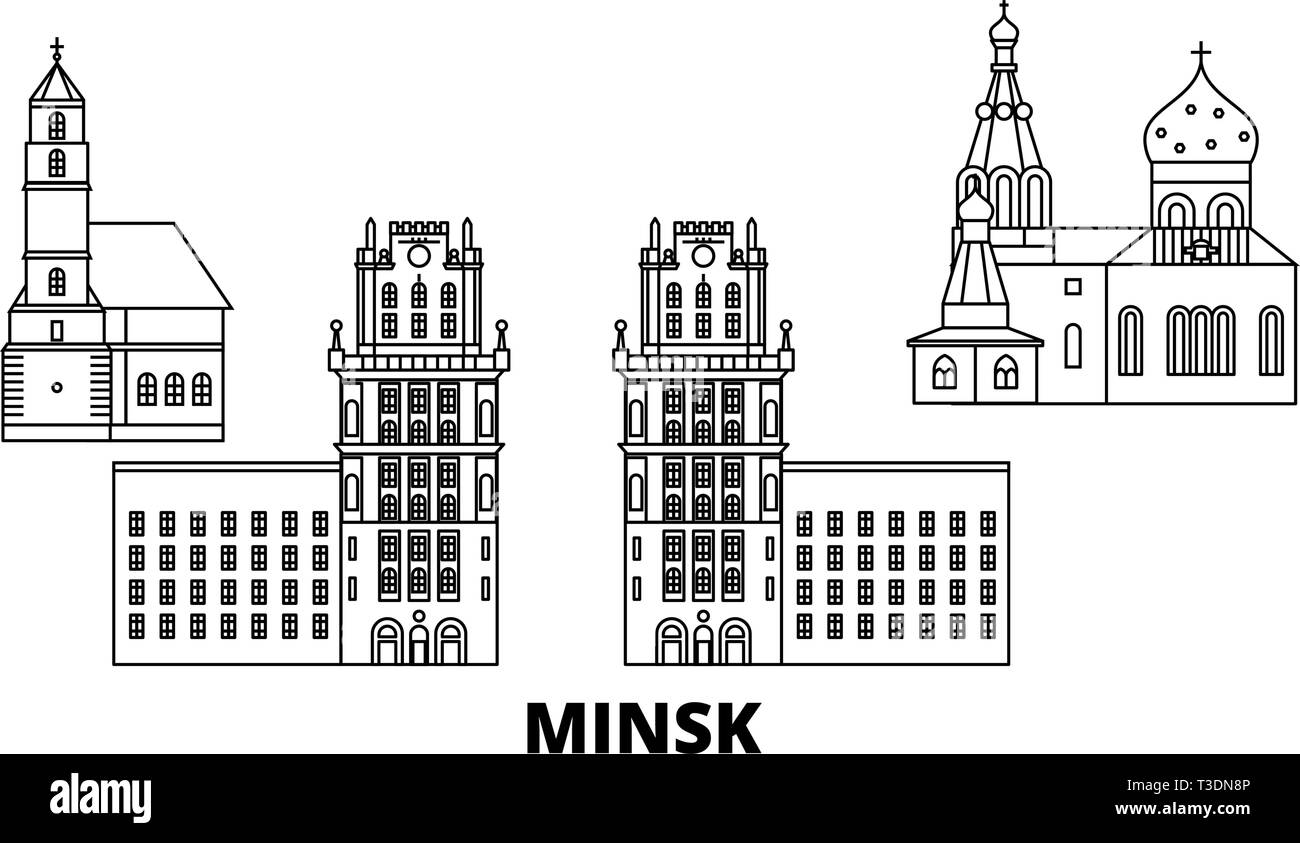 Belarus, Minsk line travel skyline set. Belarus, Minsk outline city vector illustration, symbol, travel sights, landmarks. Stock Vector