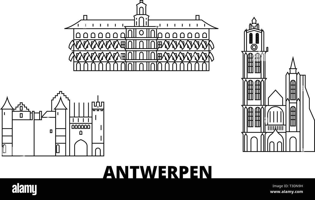 Belgium, Antwerpen line travel skyline set. Belgium, Antwerpen outline city vector illustration, symbol, travel sights, landmarks. Stock Vector