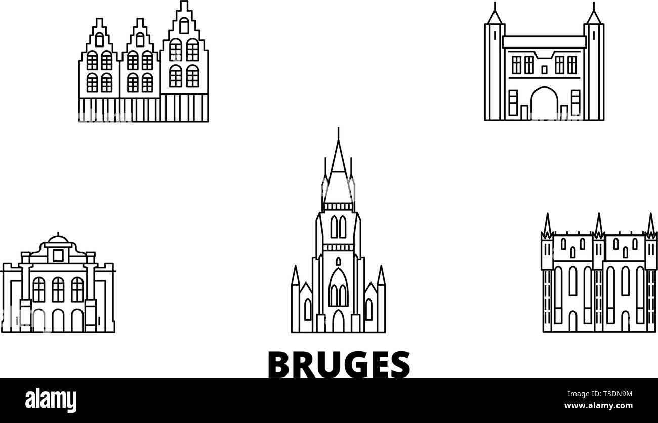 Belgium, Bruges line travel skyline set. Belgium, Bruges outline city vector illustration, symbol, travel sights, landmarks. Stock Vector