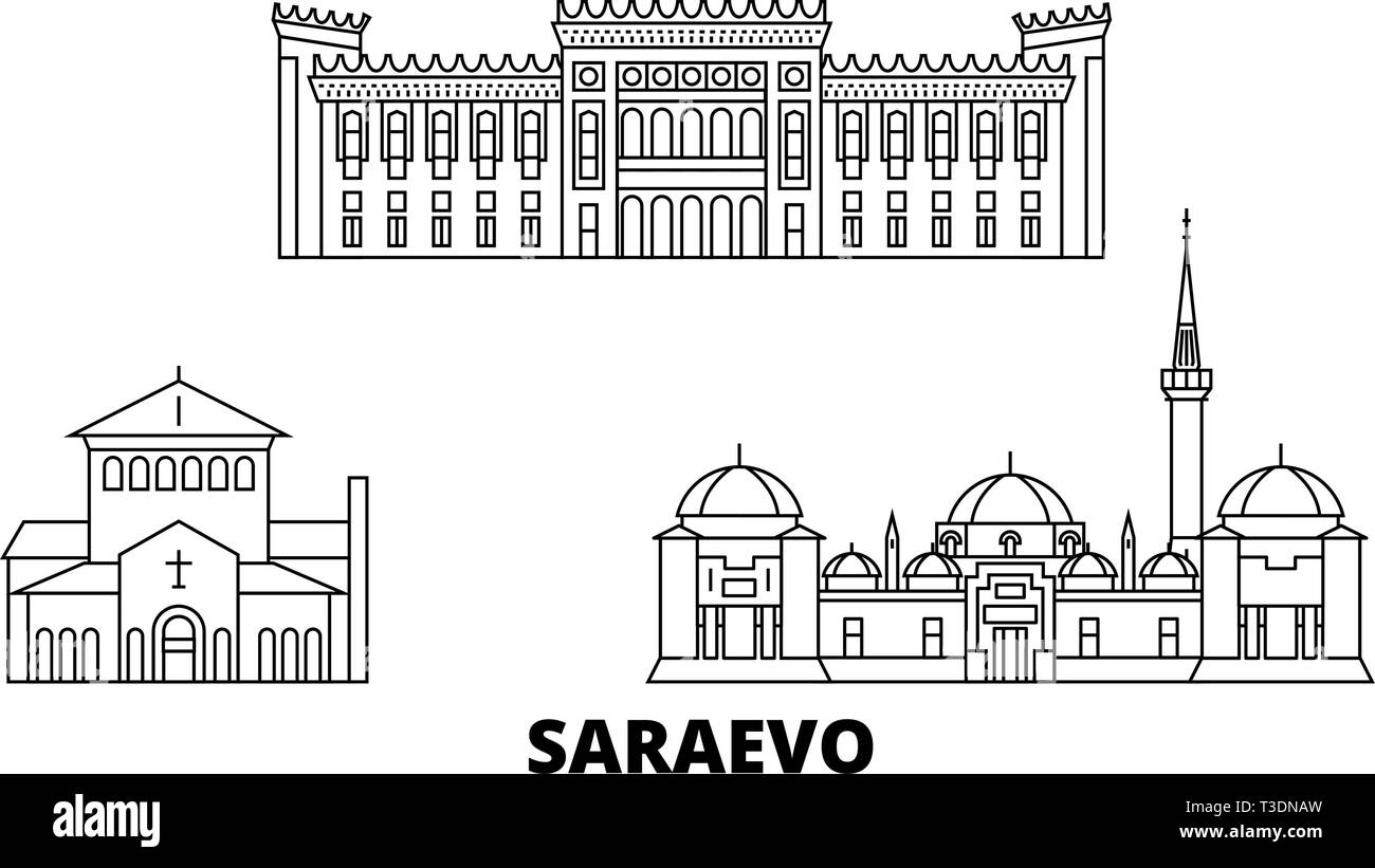 Bosnia And Herzegovina, Saraevo line travel skyline set. Bosnia And Herzegovina, Saraevo outline city vector illustration, symbol, travel sights Stock Vector