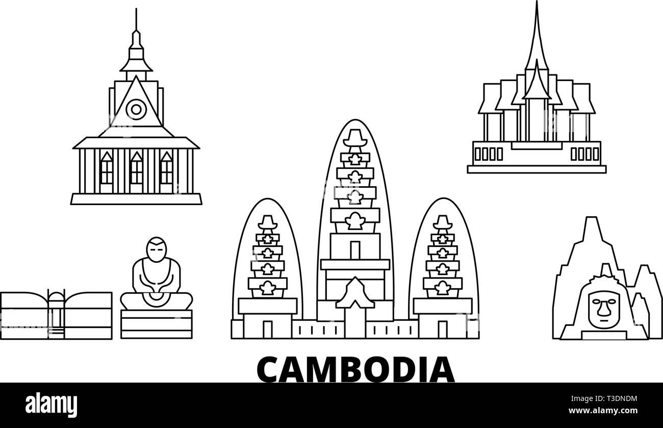 Cambodia line travel skyline set. Cambodia outline city vector illustration, symbol, travel ...