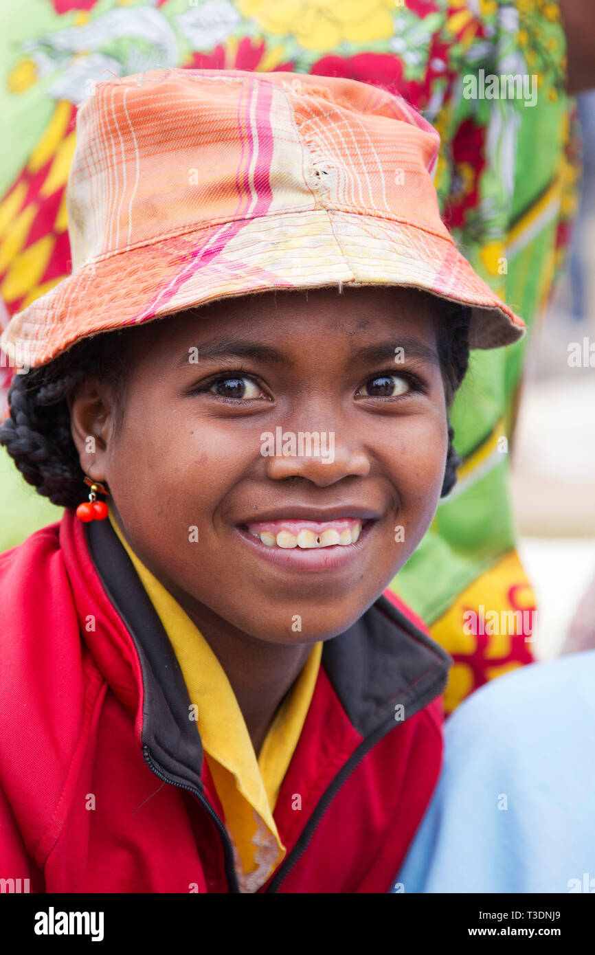 Portrait of Malagasy woman   at a farmers market,hill country,Madagascar,Africa Stock Photo