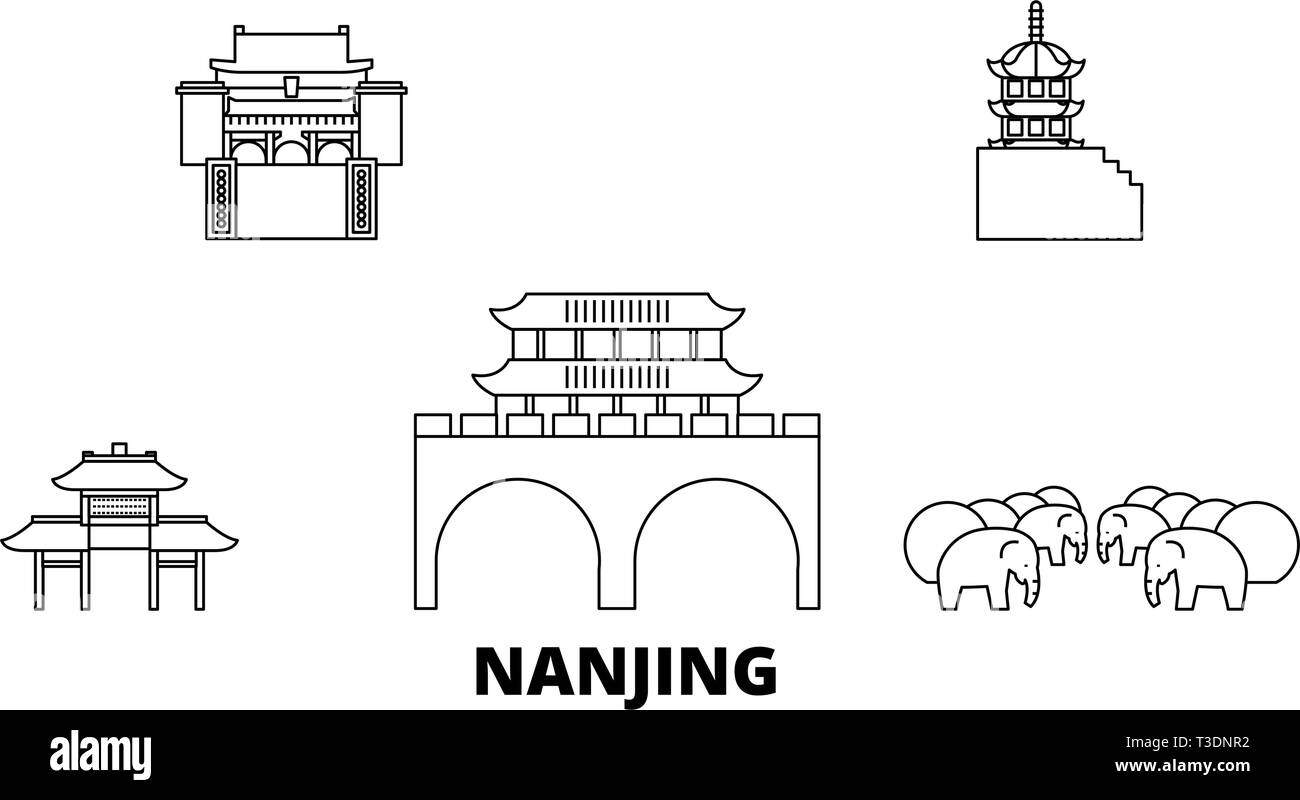 China, Nanjing line travel skyline set. China, Nanjing outline city vector illustration, symbol, travel sights, landmarks. Stock Vector