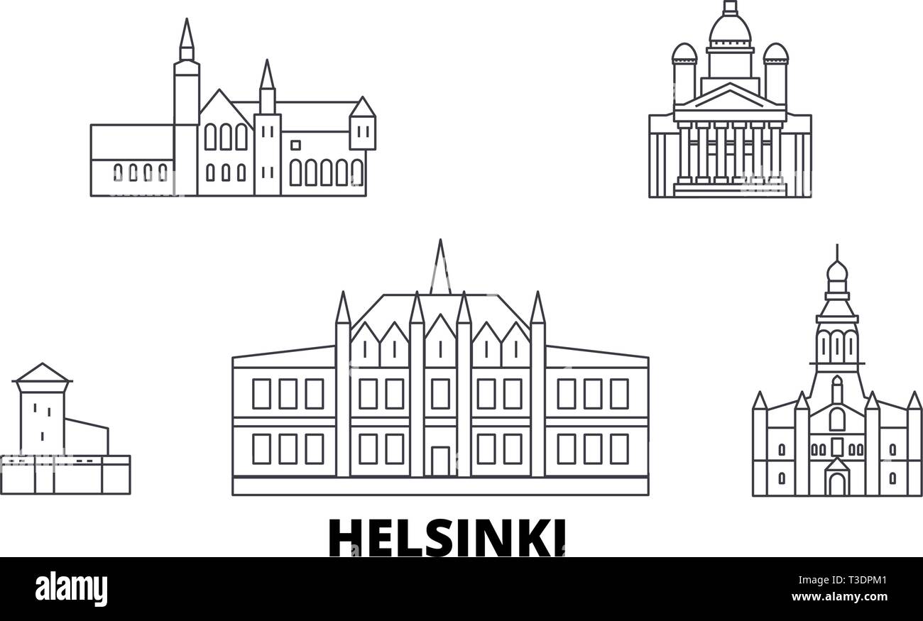 Finland, Helsinki line travel skyline set. Finland, Helsinki outline city vector illustration, symbol, travel sights, landmarks. Stock Vector