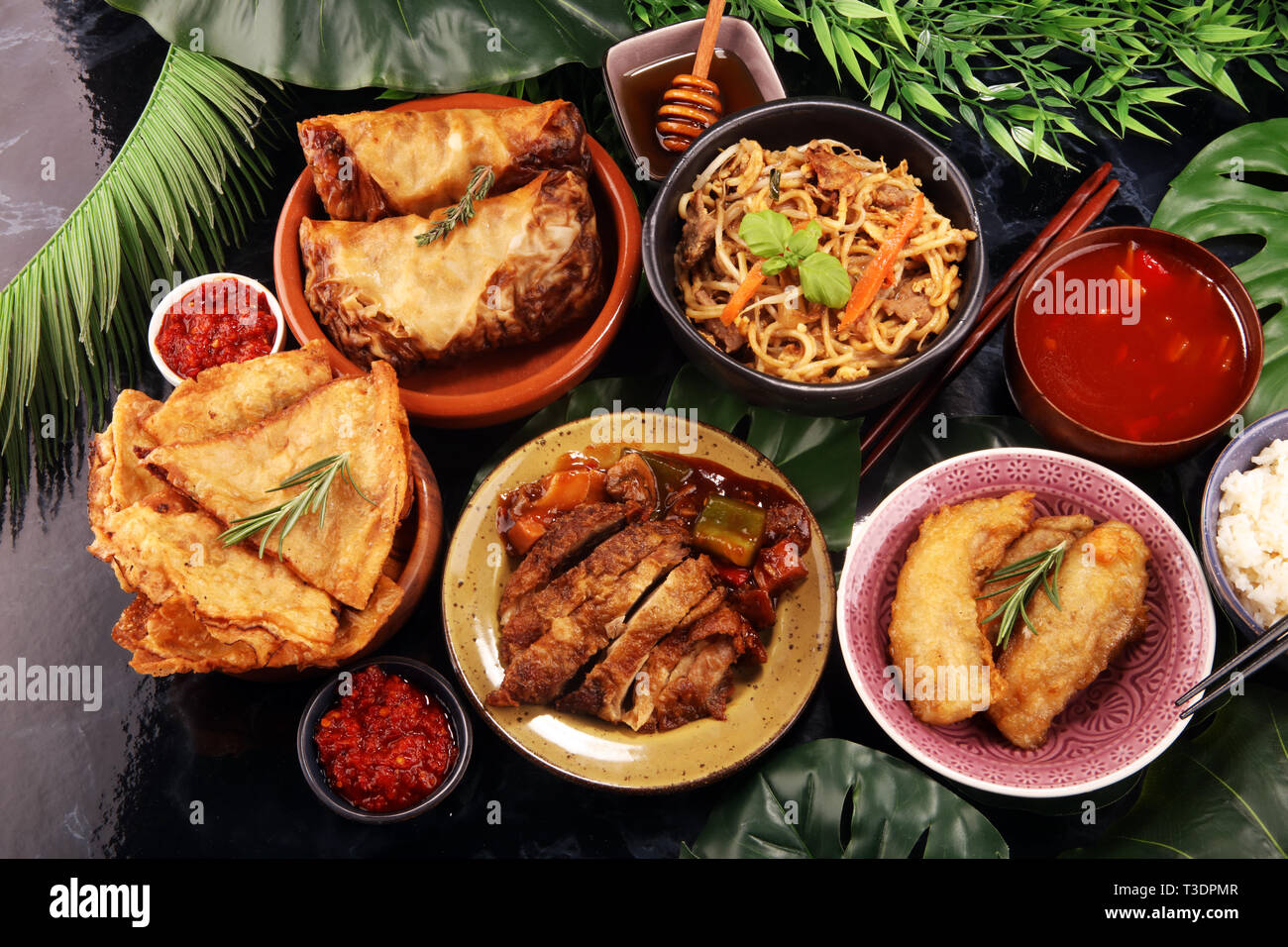 Assorted Chinese food set. Chinese noodles, fried rice, peking duck