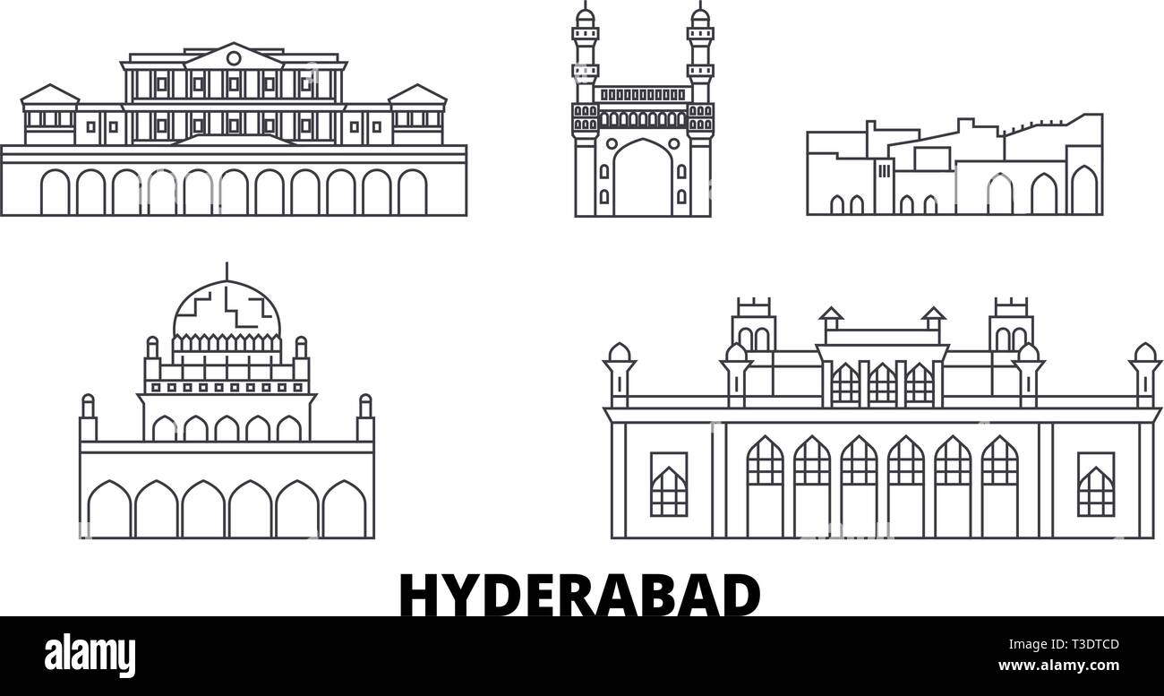 India, Hyderabad line travel skyline set. India, Hyderabad outline city vector illustration, symbol, travel sights, landmarks. Stock Vector
