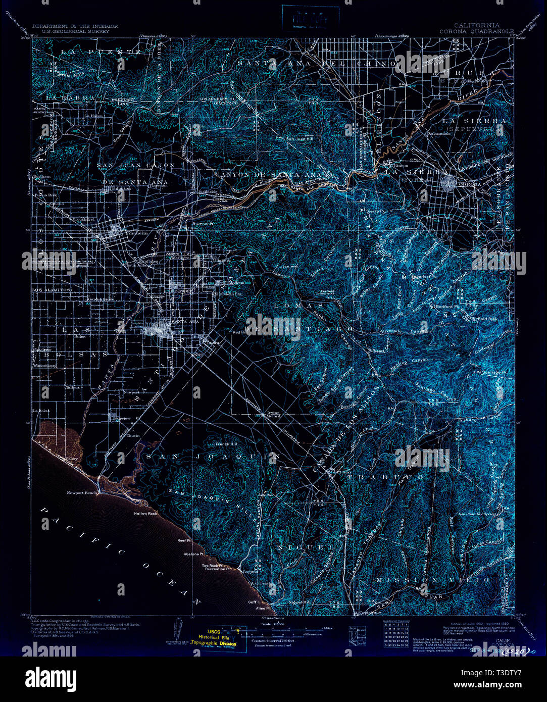 USGS TOPO Map California CA Corona 299304 1902 125000 Inverted Restoration Stock Photo