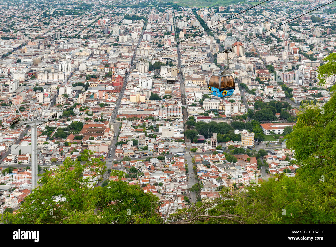 Images of the Salta Tram (Teleferico) cable cars   above the city, from the top of the San Bernardo Hill. Stock Photo