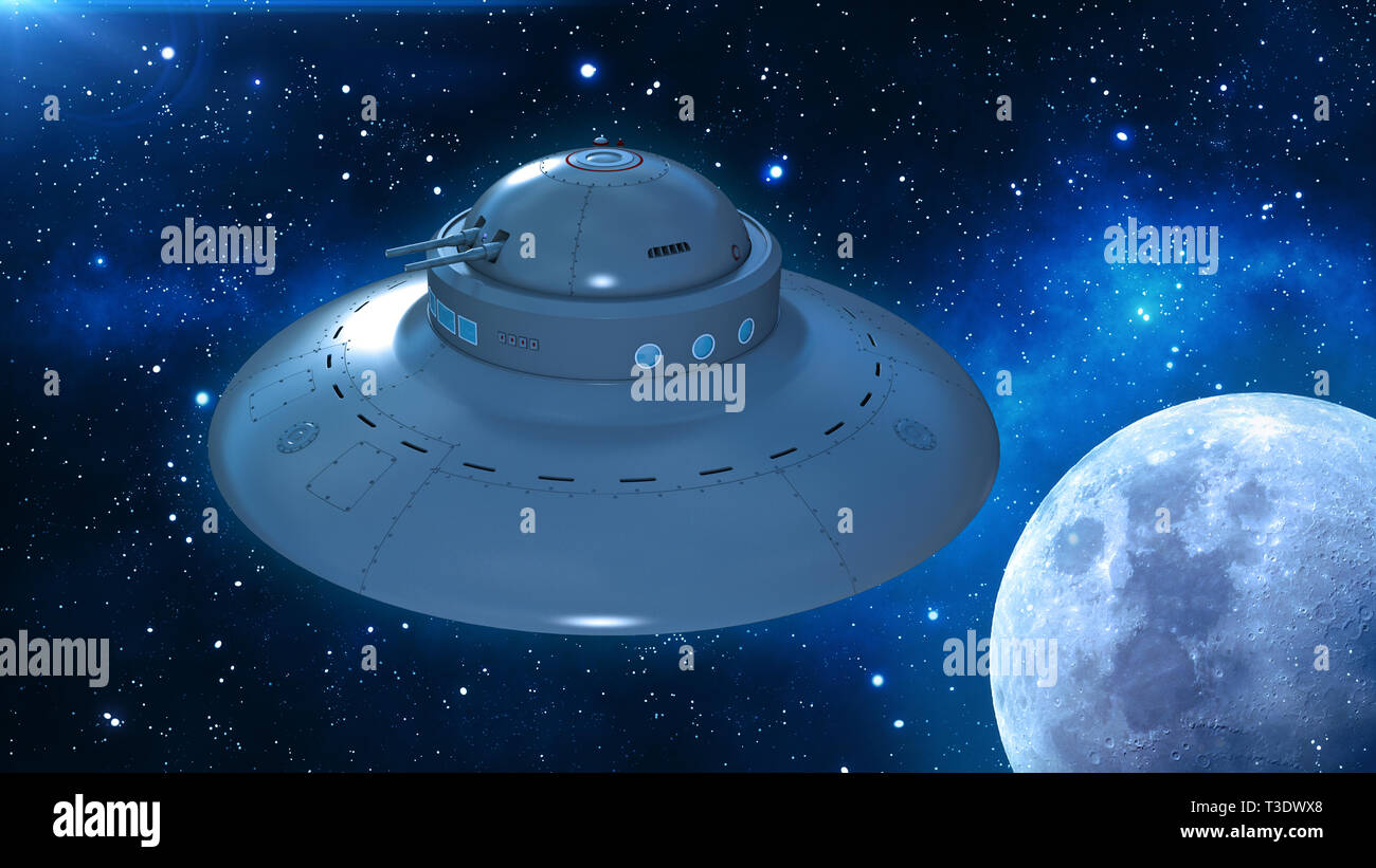 Retro UFO Spaceship, flying saucer in deep space, vintage spacecraft flying in the Universe with planet and stars, 3D rendering Stock Photo