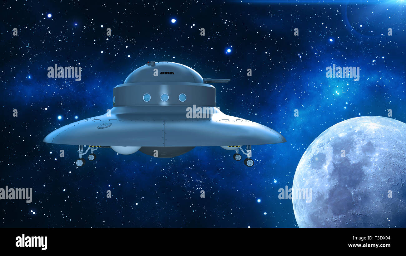 Retro UFO Spaceship, flying saucer in deep space, vintage spacecraft flying in the Universe with planet and stars, side view, 3D rendering Stock Photo