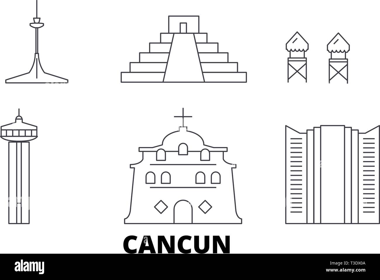 Mexico, Cancun line travel skyline set. Mexico, Cancun outline city vector illustration, symbol, travel sights, landmarks. Stock Vector