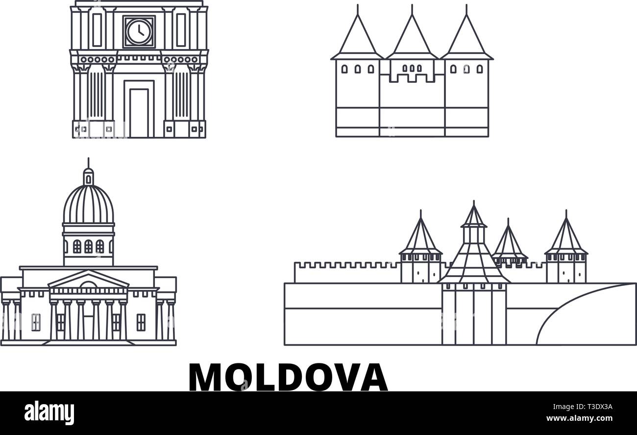 Moldova line travel skyline set. Moldova outline city vector illustration, symbol, travel sights, landmarks. Stock Vector