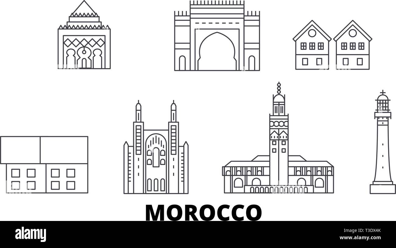 Morocco line travel skyline set. Morocco outline city vector illustration, symbol, travel sights, landmarks. Stock Vector