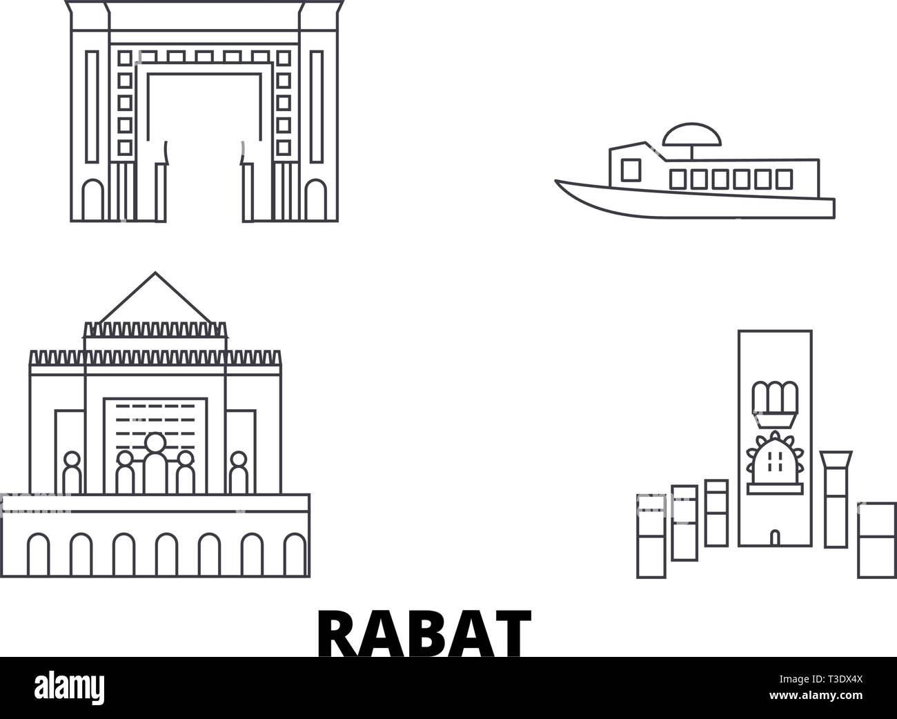 Morocco, Rabat line travel skyline set. Morocco, Rabat outline city vector illustration, symbol, travel sights, landmarks. Stock Vector
