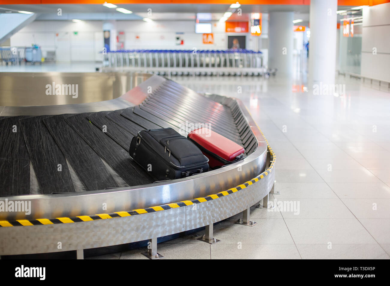 Lost luggage at the airport. Baggage sorting Luggage on conveyor belt