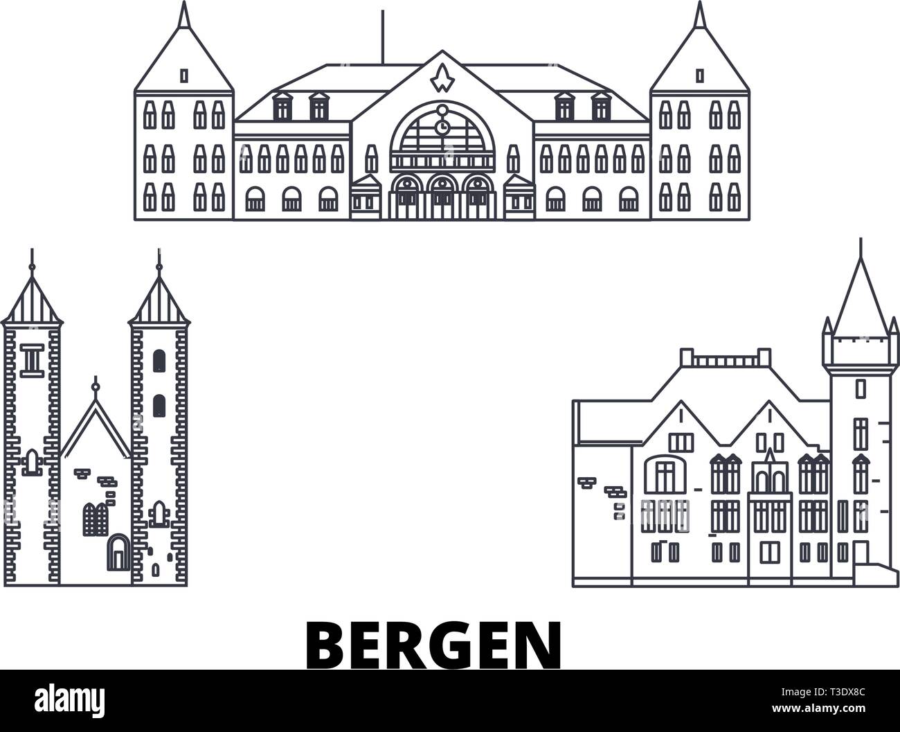 Norway, Bergen line travel skyline set. Norway, Bergen outline city vector illustration, symbol, travel sights, landmarks. Stock Vector
