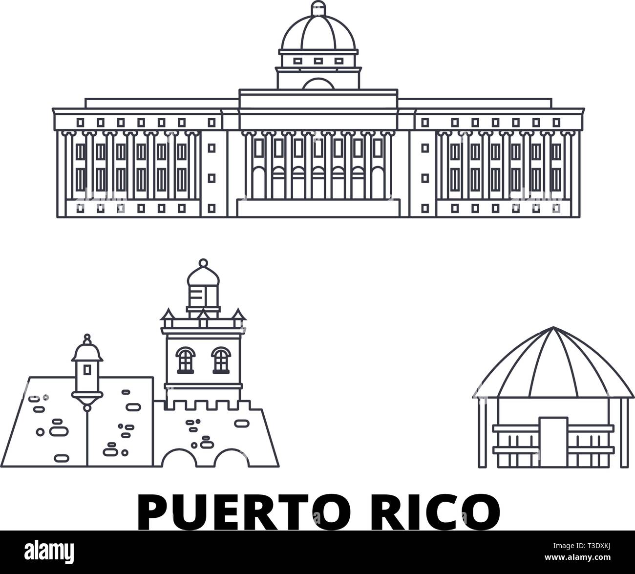 Puerto Rico line travel skyline set. Puerto Rico outline city vector illustration, symbol, travel sights, landmarks. Stock Vector