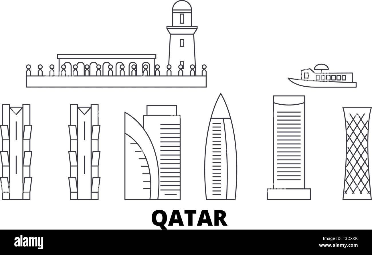 Qatar, Doha line travel skyline set. Qatar, Doha outline city vector illustration, symbol, travel sights, landmarks. Stock Vector