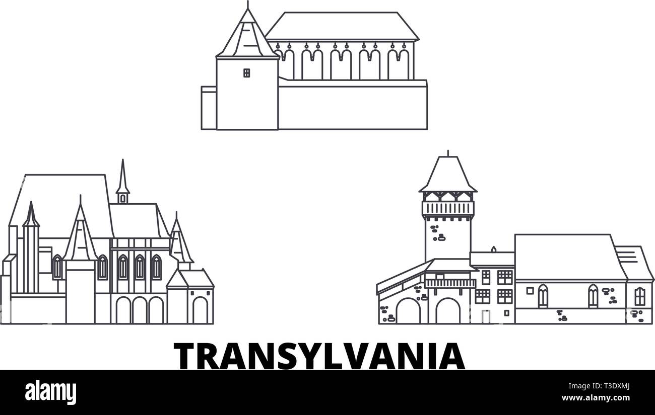 Romania, Transylvania line travel skyline set. Romania, Transylvania outline city vector illustration, symbol, travel sights, landmarks. Stock Vector