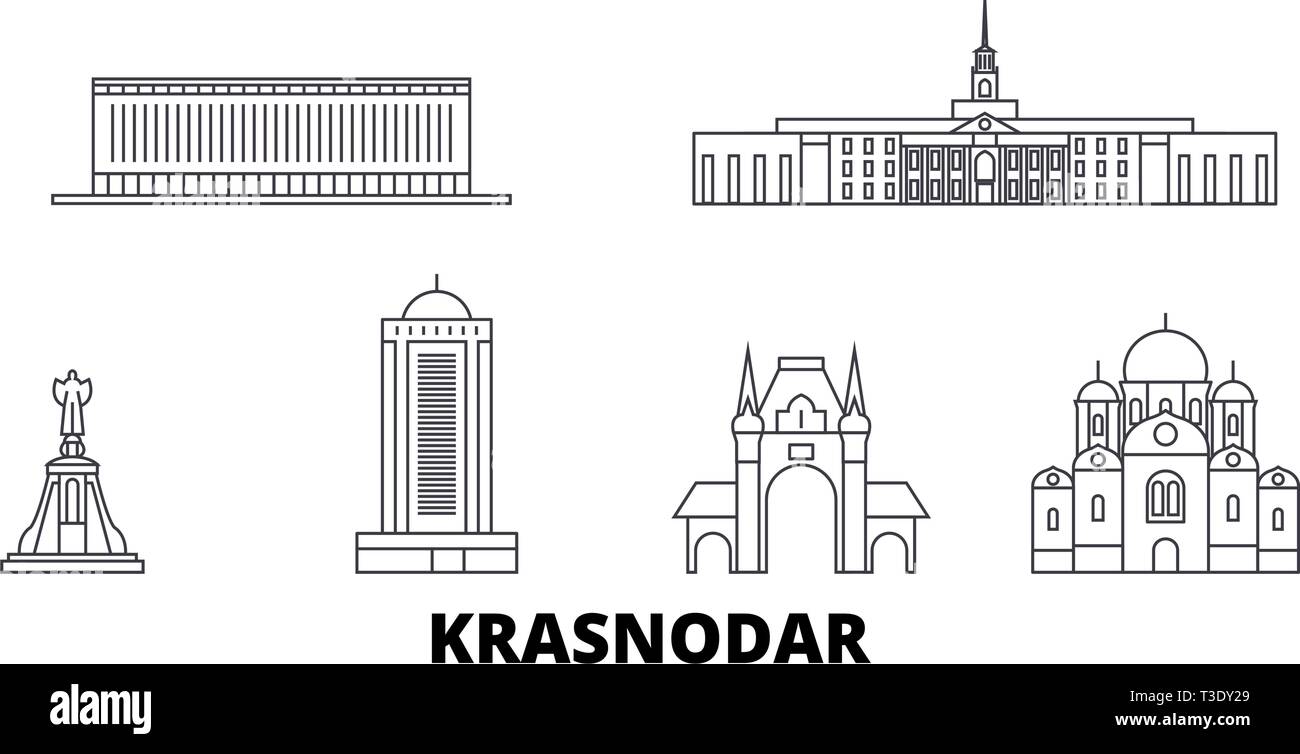Russia, Kransodar City line travel skyline set. Russia, Kransodar City outline city vector illustration, symbol, travel sights, landmarks. Stock Vector