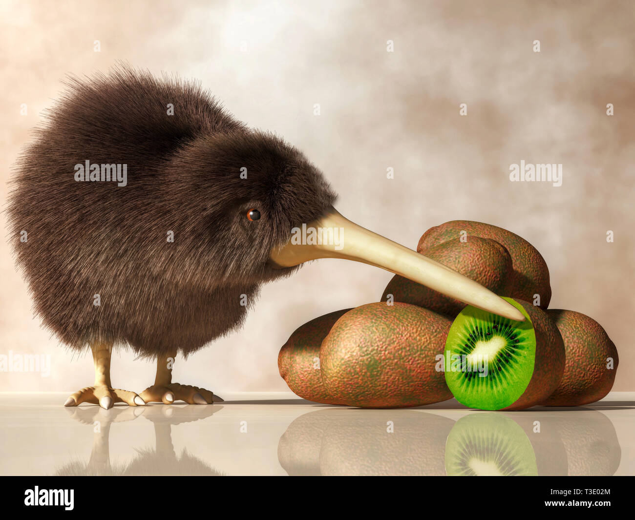 A Kiwi bird stands next to a pile of kiwifruit. Both the animal and the fruit are natives of New Zealand. 3D illustration Stock Photo - Alamy A Kiwi bird stands next to a pile of kiwifruit. Both the animal and the fruit are natives of New Zealand. 3D illustration Stock Photo - Alamy