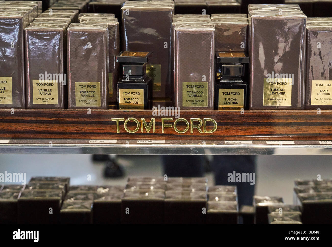 MONTREAL, CANADA - DECEMBER 8, 2018: Tom Ford perfumes stand in YUL Montreal airport. Thomas Carlyle Ford known as Tom Ford is an American fashion des Stock Photo