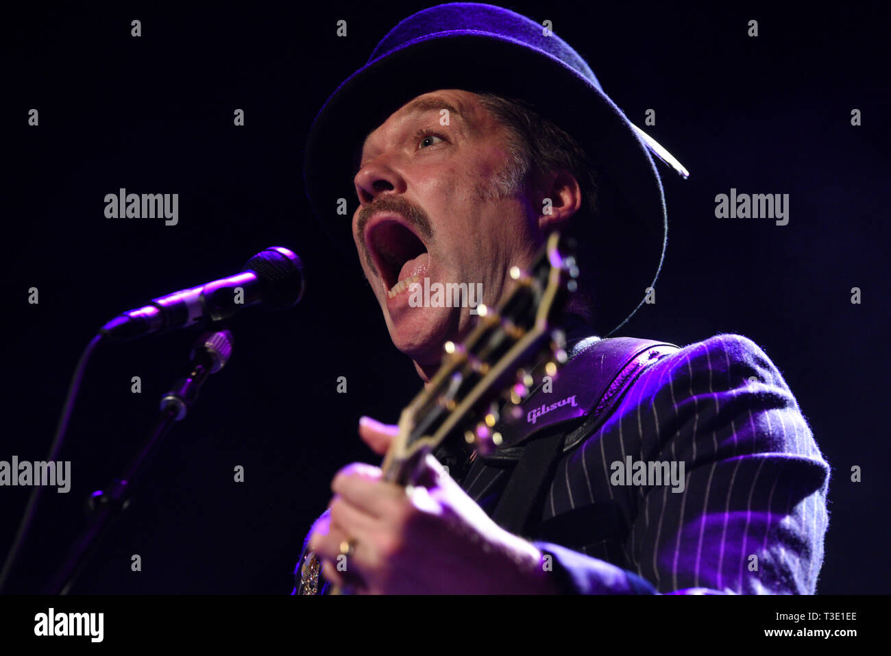American, Canadian singer Rufus Wainwright, a 45 year-old, is seen performing live during his concert 'All These Poses Tour' at Teatro Nuevo Apolo in Madrid. Stock Photo