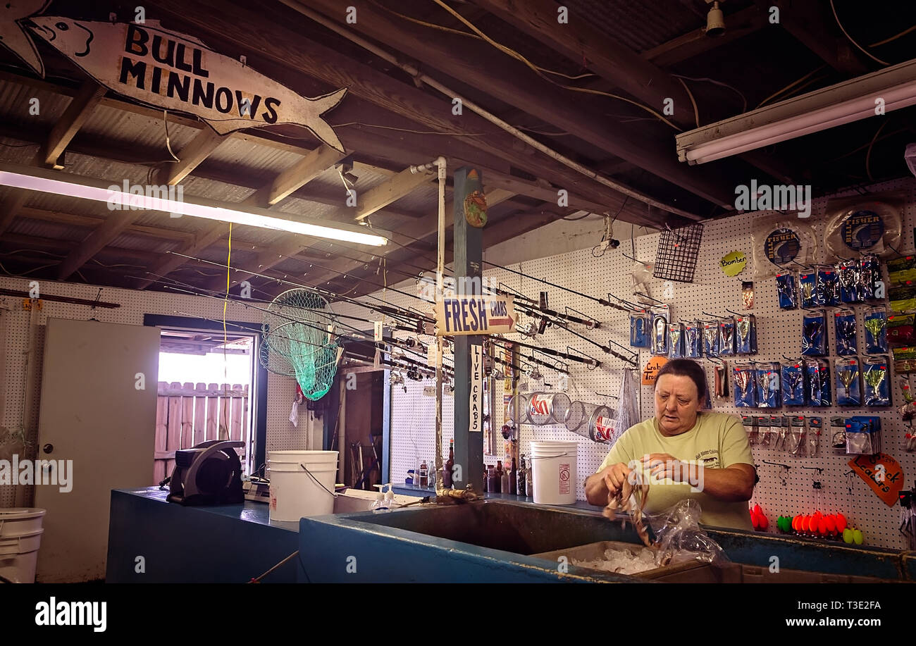 A woman places squid in a bag for a customer at Jemison's Bait-N-Tackle,  January 3, 2017, in Coden, Alabama. The bait shop opened in the​ 1940s  Stock Photo - Alamy
