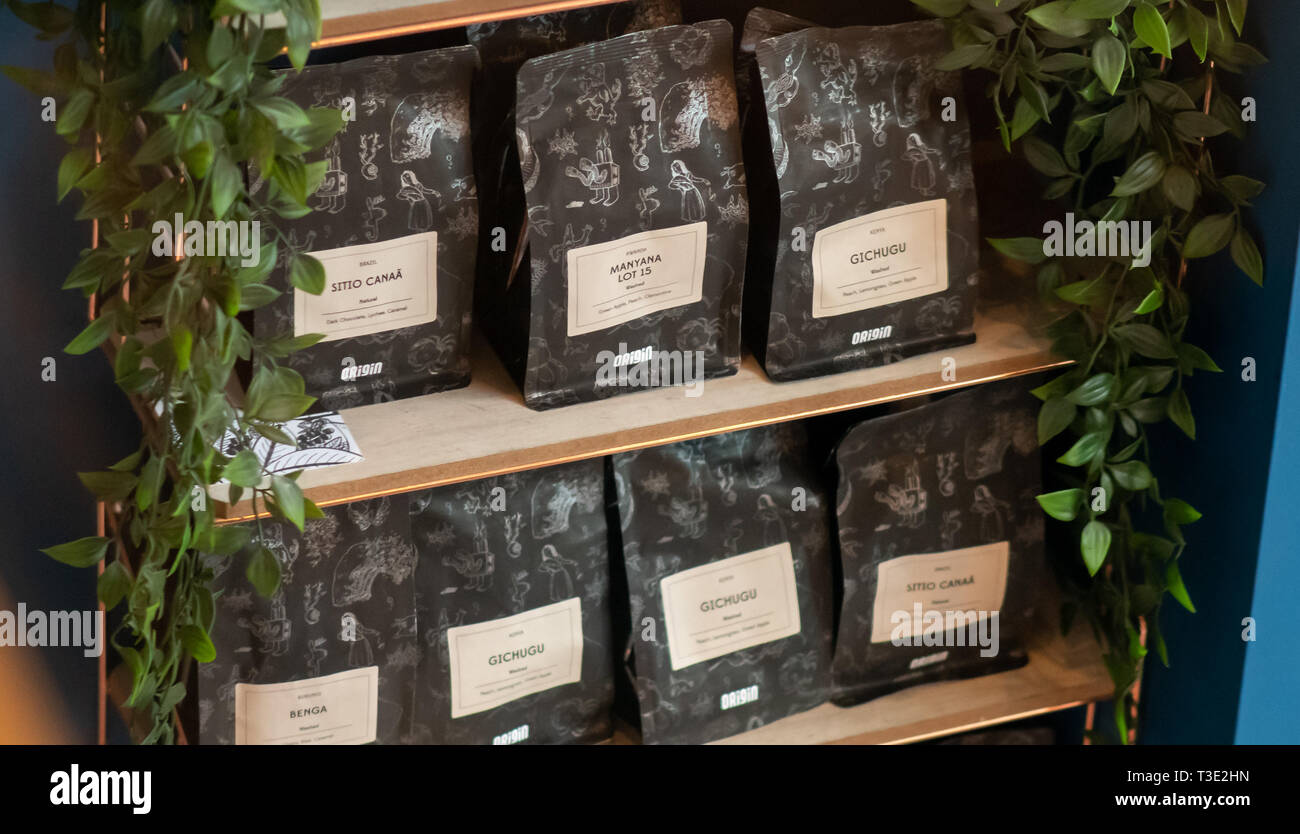 SHEEFIELD, UK - 23RD MARCH 2019: Origin bagged coffee for sale at Coffika in Meadowhall Stock Photo