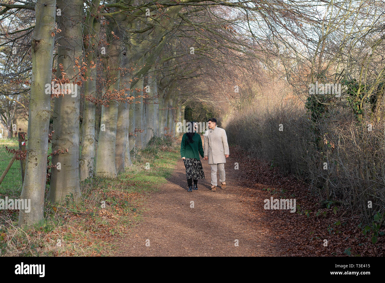A couple take a walk in the woods Stock Photo