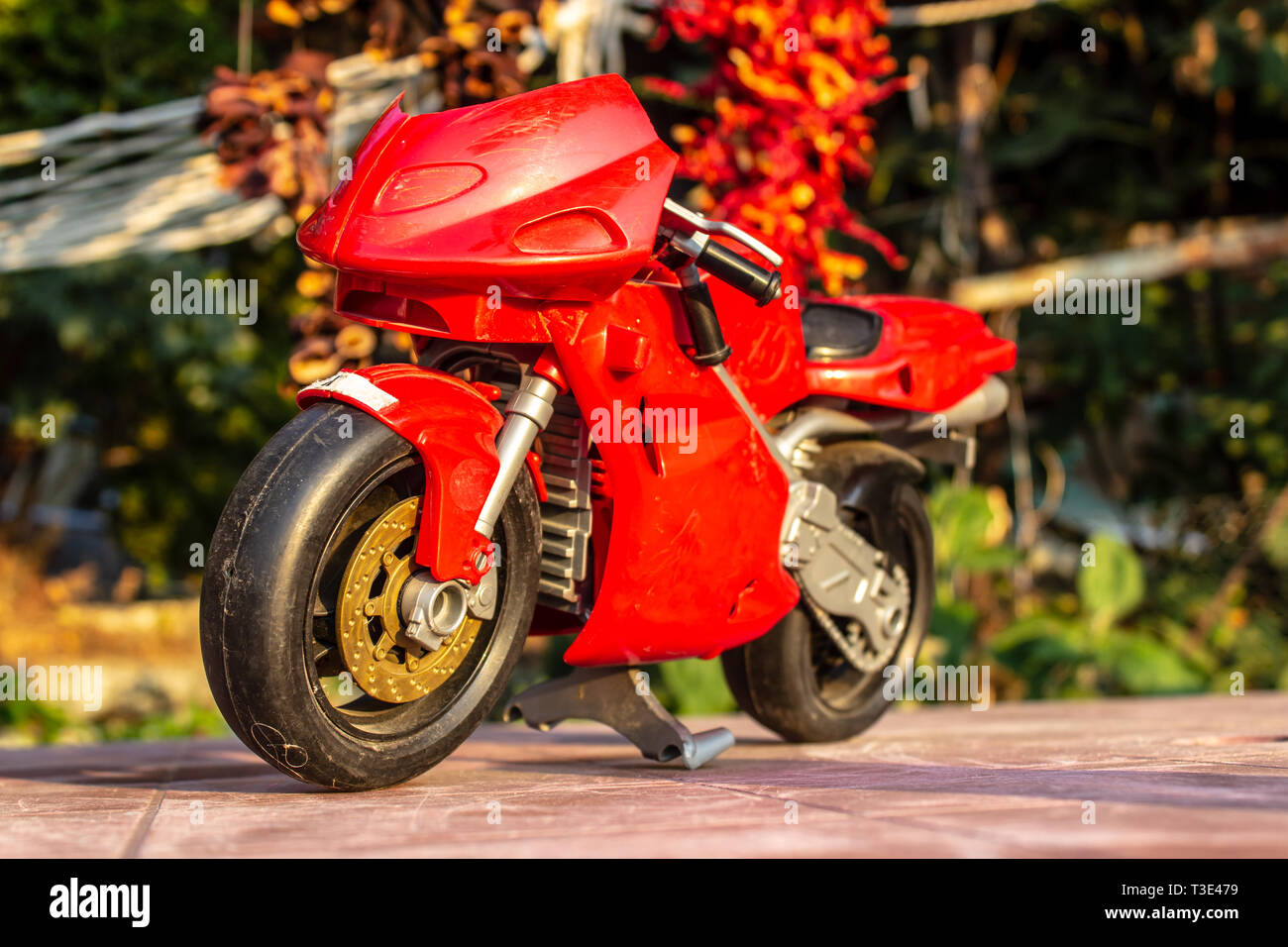a isolated closeup red toy motorcycle with warm colors- front view. photo has taken from a garden. Stock Photo
