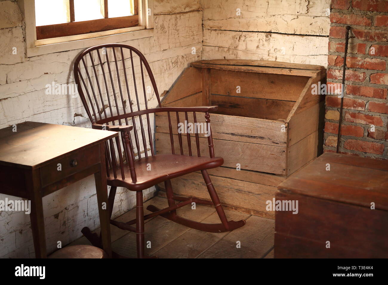 Interior of an American Pioneer Log Cabin Stock Photo