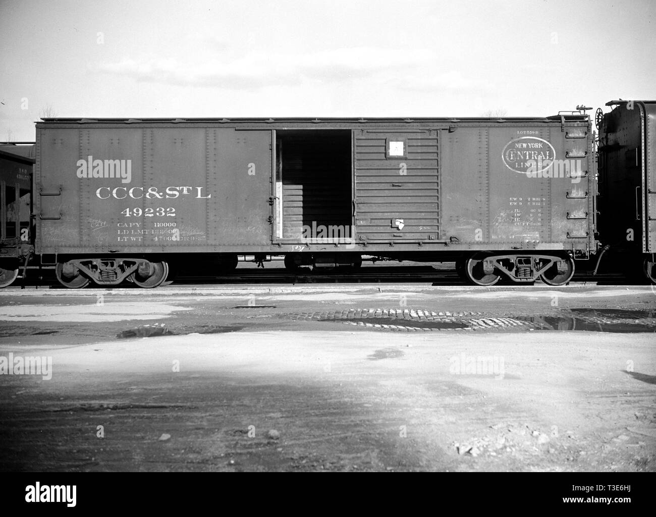 Empty railroad freight car ca. 1938 Stock Photo