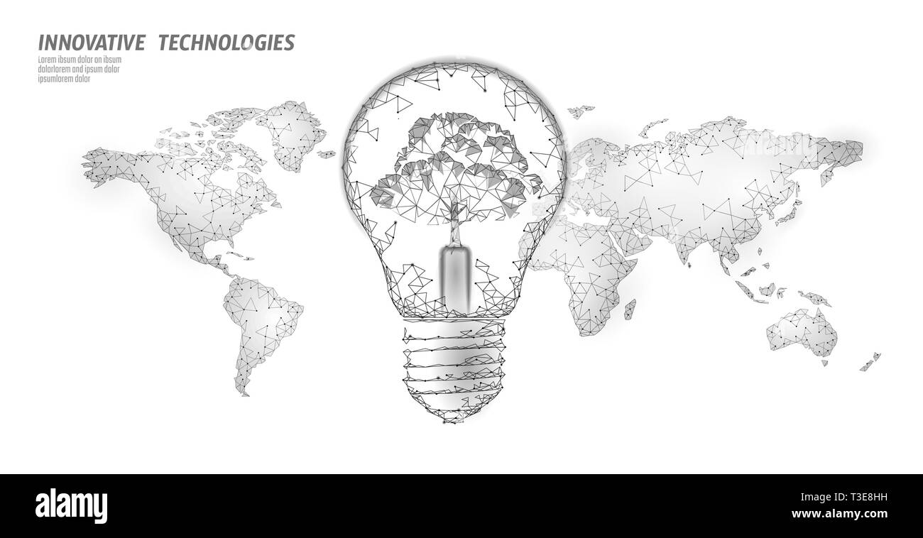 Light bulb with tree on world map. Lamp saving energy ecology environment idea concept. Polygonal light electricity green energy power banner vector Stock Vector