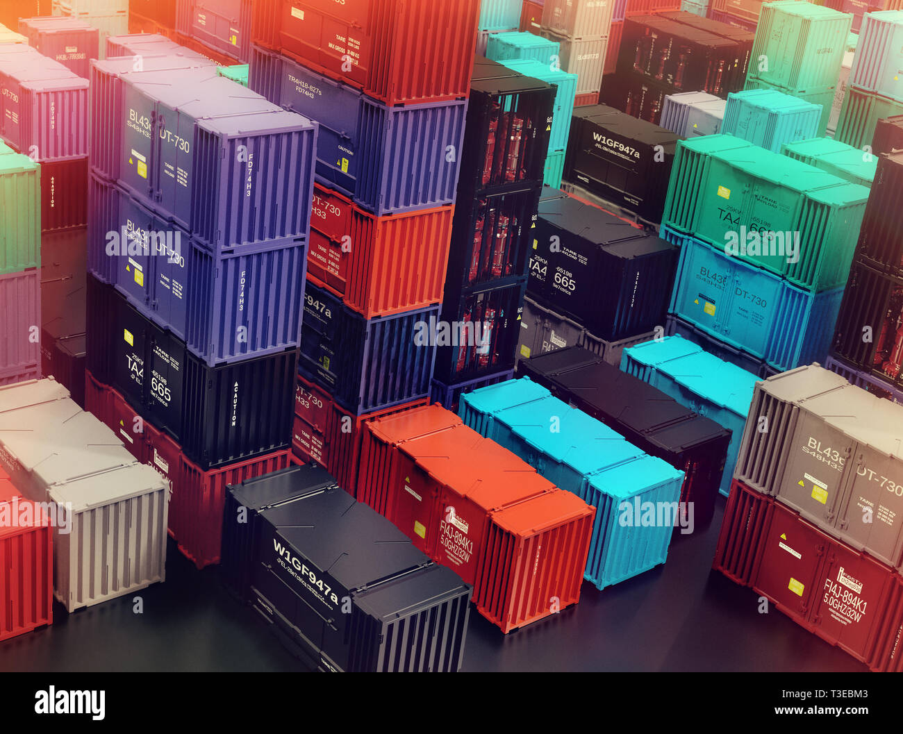 Raft of shipping containers freight cargo city depot warehouse. Stock Photo