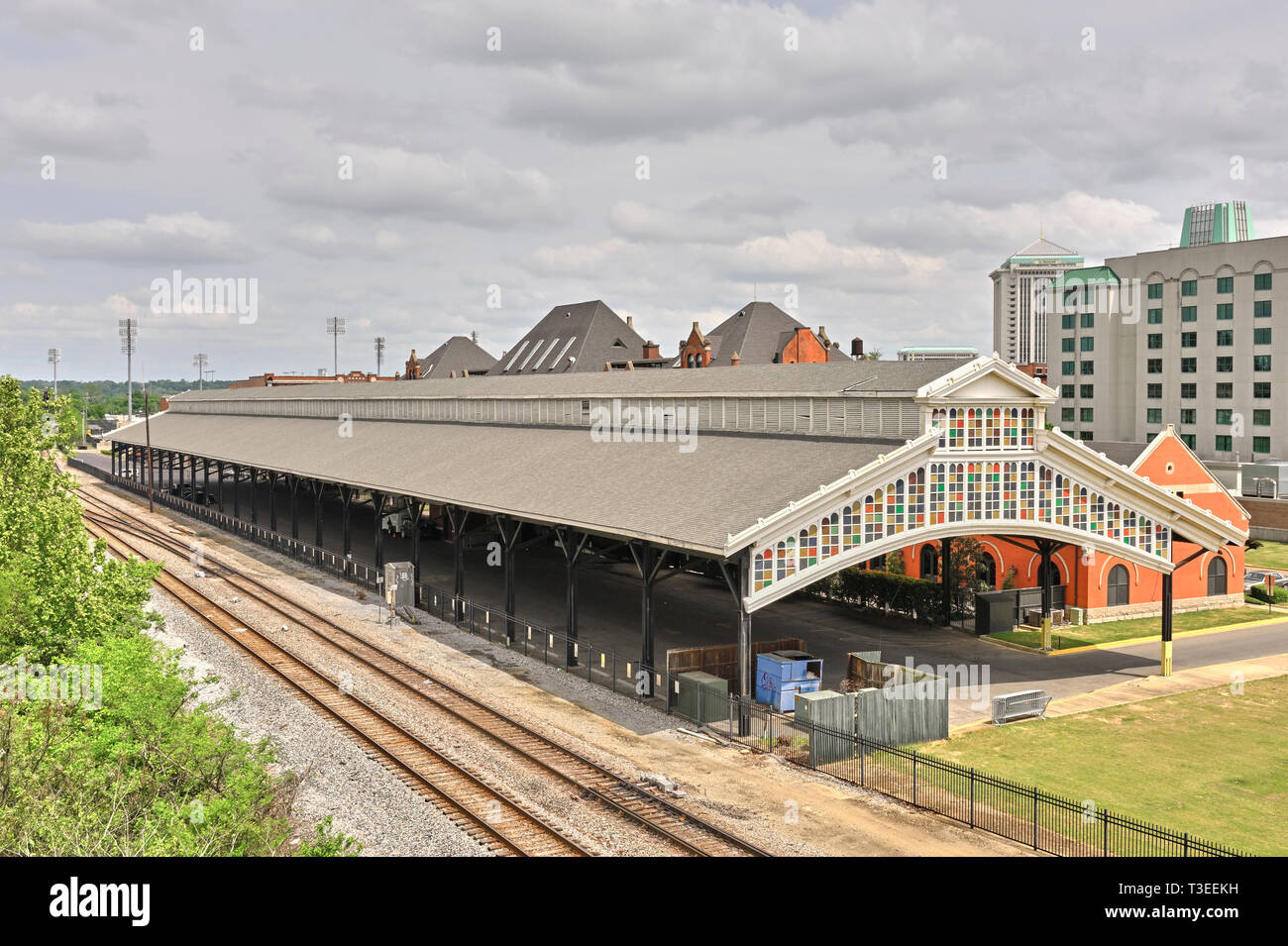 Restored National Historic Landmark of Union Station, old historical train shed or train depot in Montgomery Alabama, USA. Stock Photo