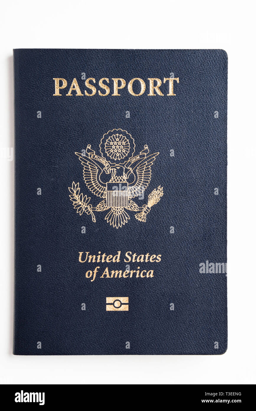 The Dark Blue Front Cover With Gold Stamped Lettering And Illustration Of The Iconic American Passport Artistically Set On A Plain White Background Stock Photo Alamy