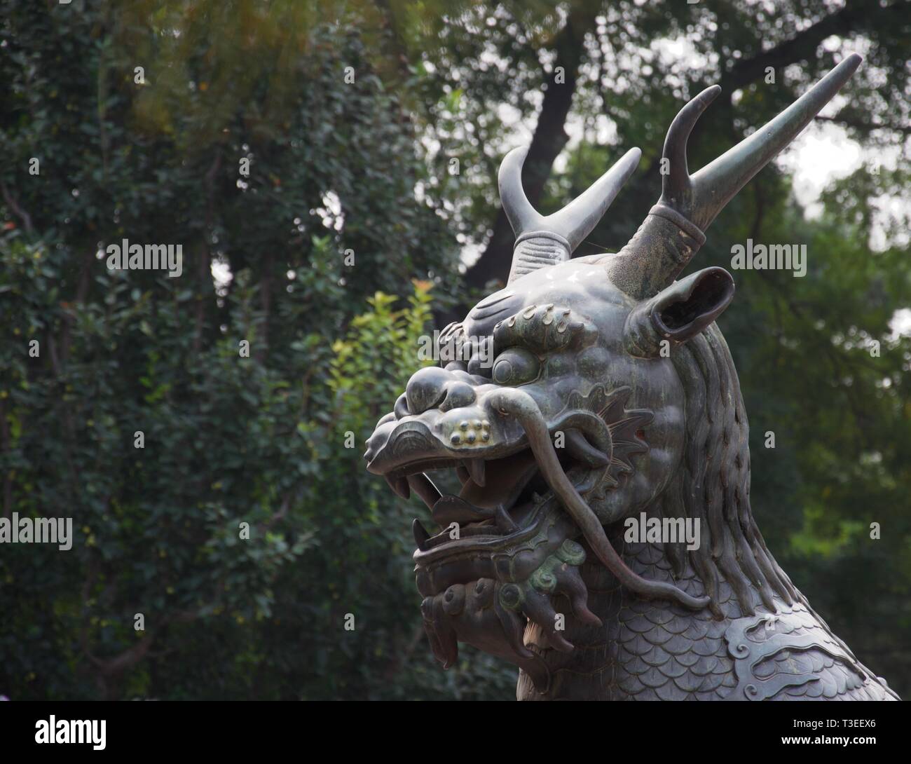 Close up of the head of a chinese dragon statue. Antlers and moustache and a laughing open mouth. Trees in background Stock Photo