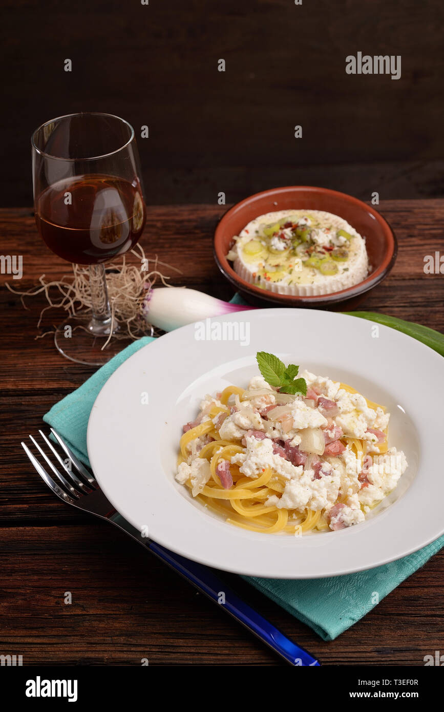 Dish Of Pasta Noodles With Cottage Cheese Bacon And Onion Shallot