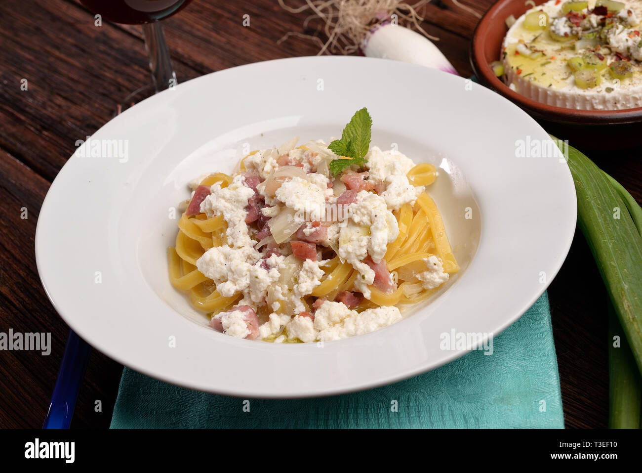 Dish Of Pasta Noodles With Cottage Cheese Bacon And Onion Shallot