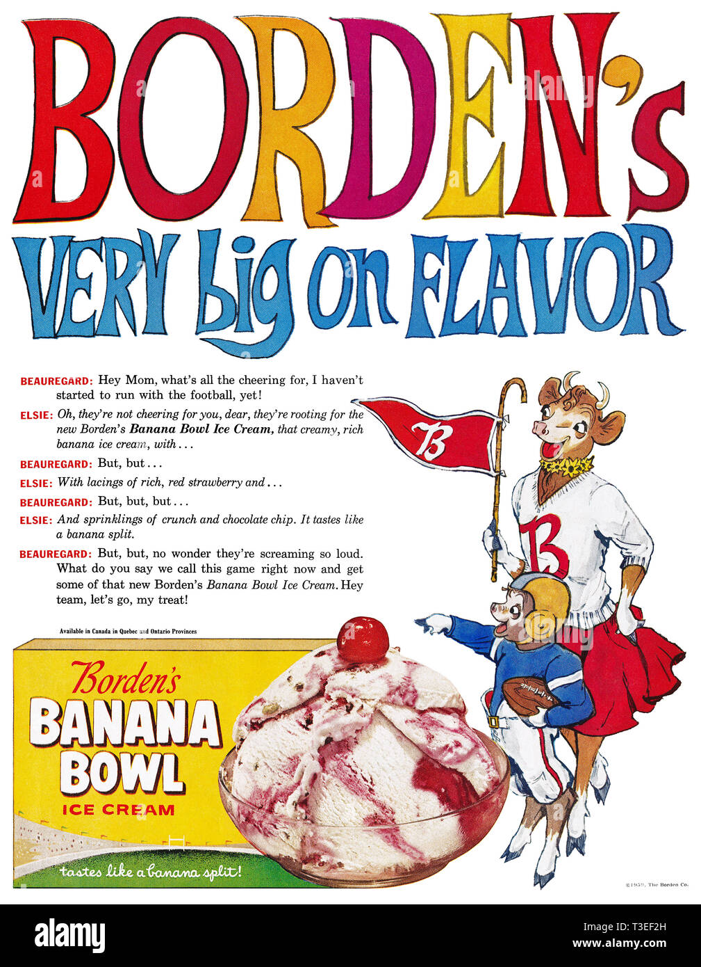 1959 U.S. advertisement for Borden's Banana Bowl Ice Cream Stock Photo