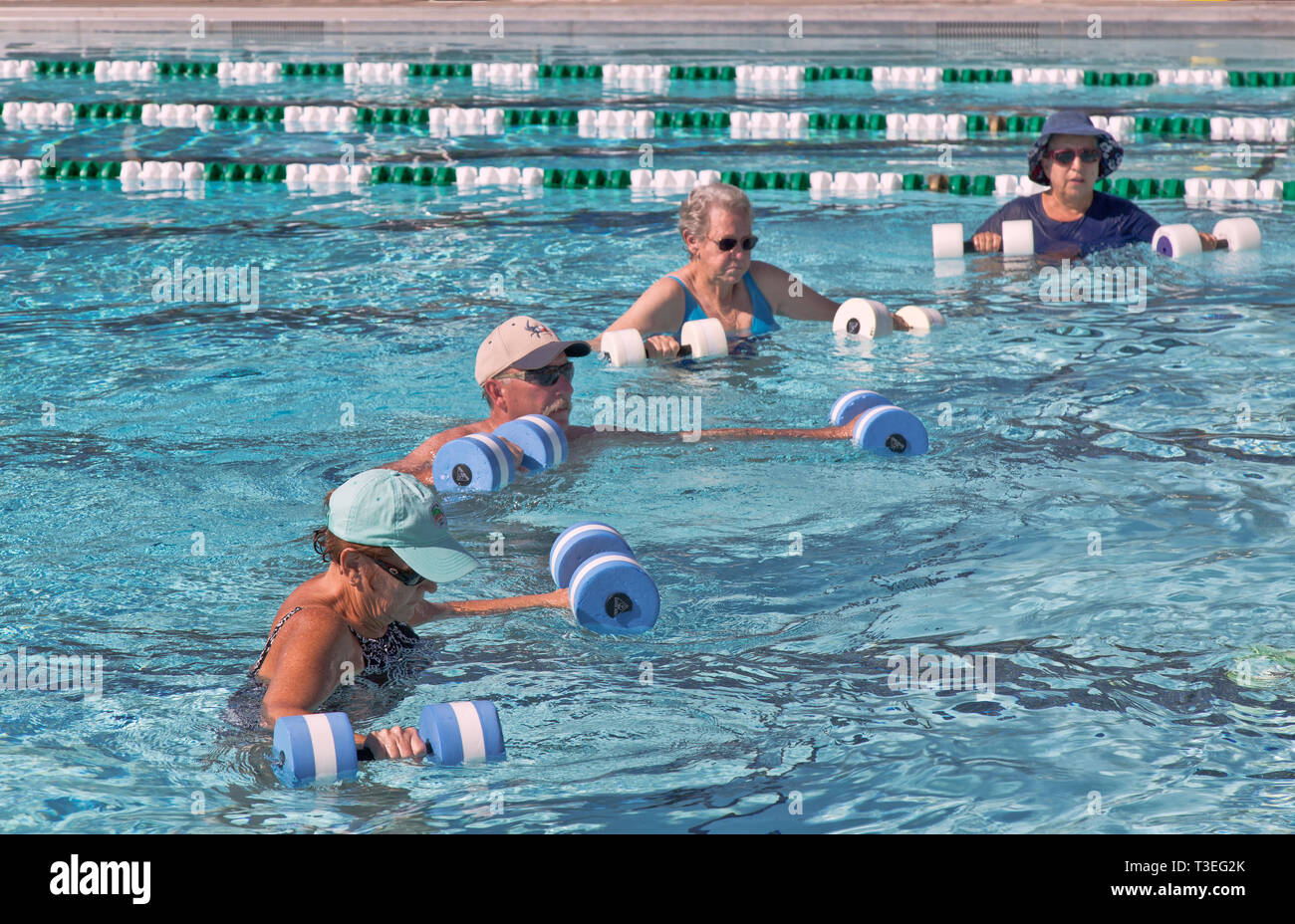 Senior women & man attending water aerobics class, working with 'water dumbbells', outdoor public heated swimming pool. Stock Photo