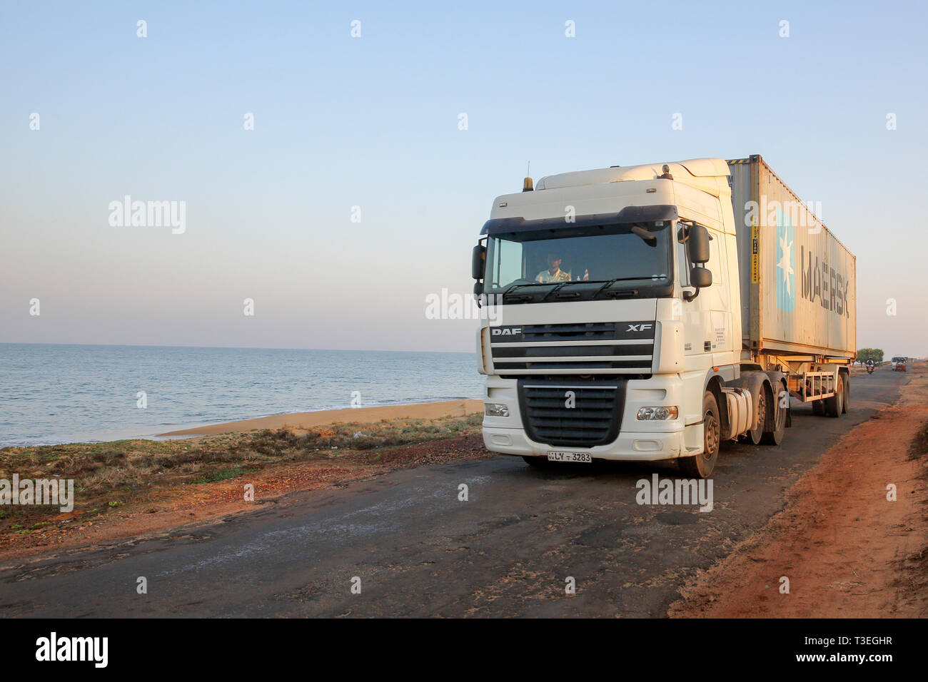A trailer truck carrying a Maersk Sealand shipping container at Chilaw