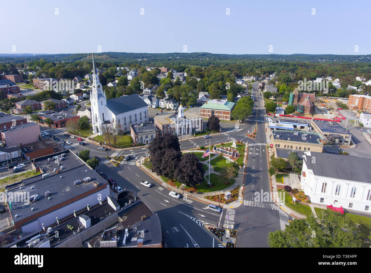 Woburn First Congregational Church aerial view in downtown Woburn