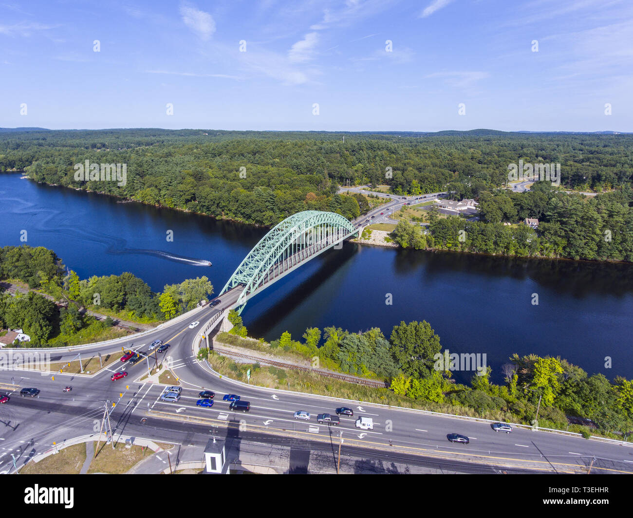 Aerial view of Merrimack River and Tyngsboro Bridge in downtown
