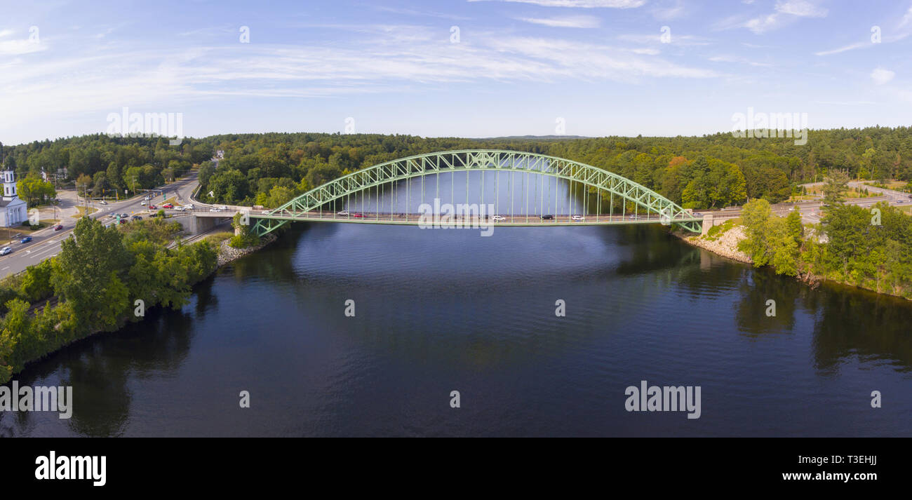 Aerial view of Merrimack River and Tyngsboro Bridge in downtown Tyngsborough, Massachusetts, USA