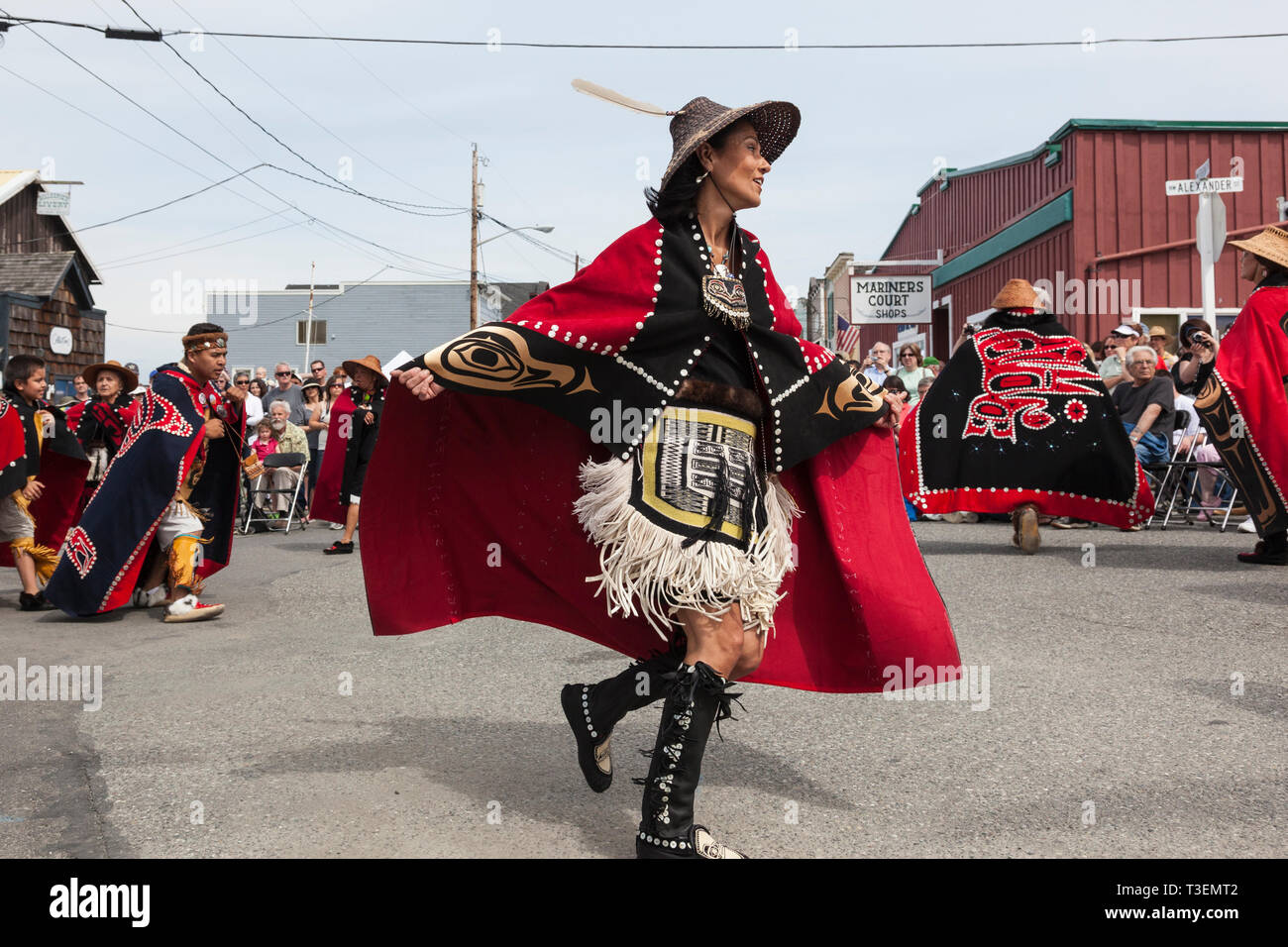 Native American Indian woman in traditional clothing dancing at the Whidbey Island Penn Cove Water Festival. Pacific Northwest Haida Tlingit tribes. Stock Photo